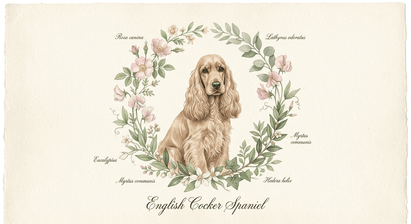 Portrait Cocker Anglais en style Aquarelle botanique