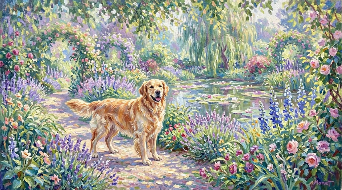 Portrait Golden Retriever en style Impressionniste