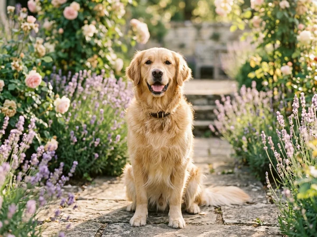 Photo originale d'un chien golden retriever souriant dans un jardin