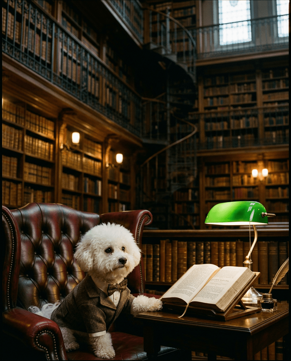 Portrait Bibliotheque infinie d'un chien