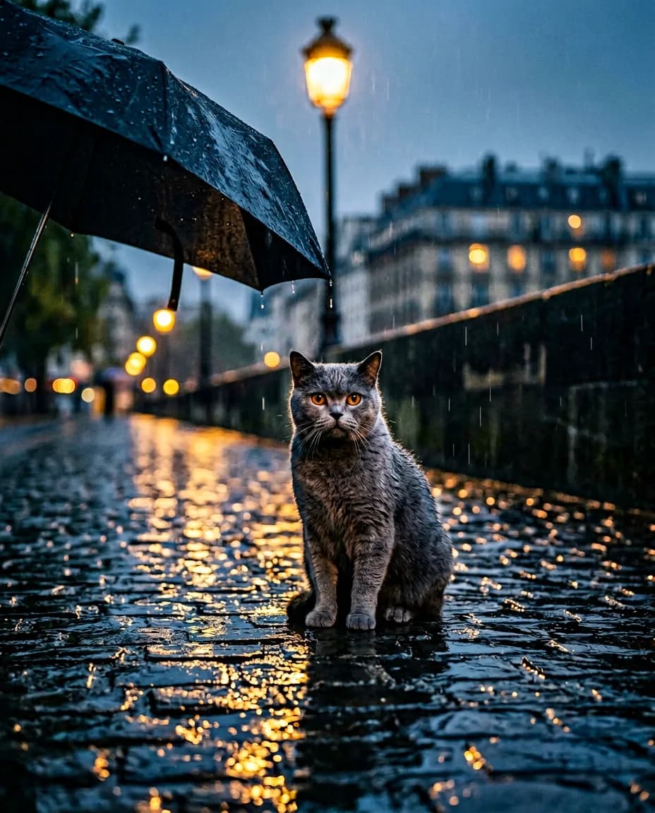 Chat Sous la pluie parisienne