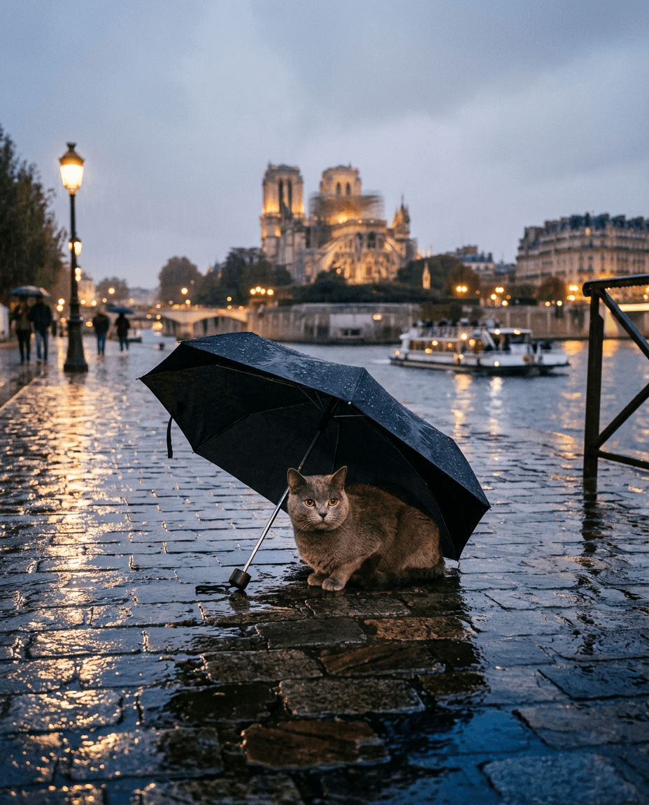 Chat Sous la pluie parisienne