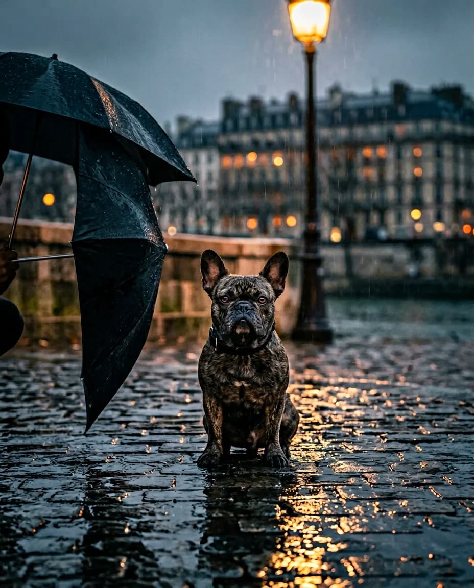 Portrait Sous la pluie parisienne d'un chien