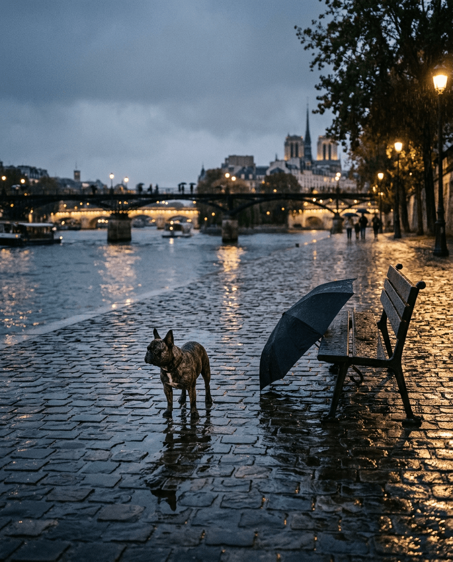 Portrait Sous la pluie parisienne d'un chien