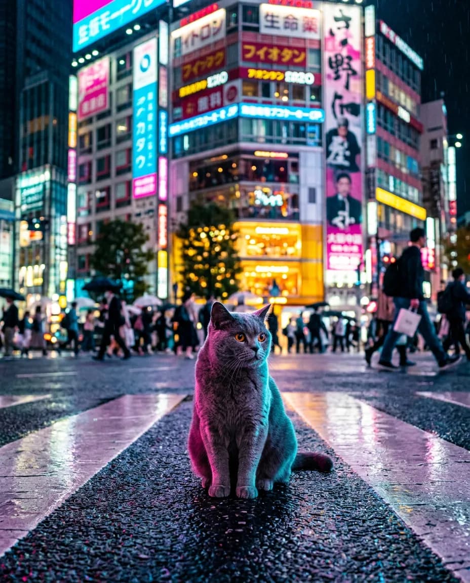 Chat Tokyo Shibuya la nuit
