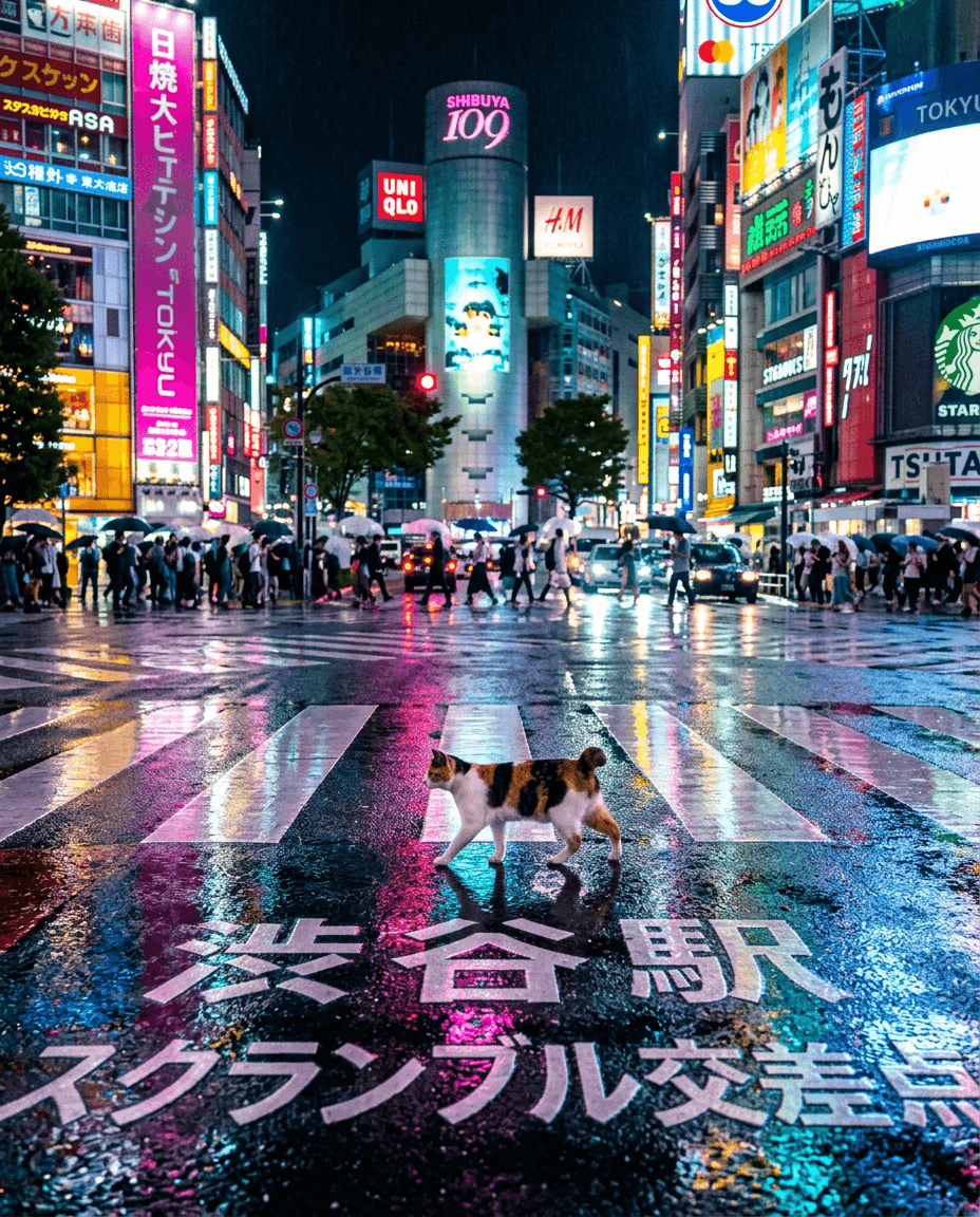 Chat Tokyo Shibuya la nuit